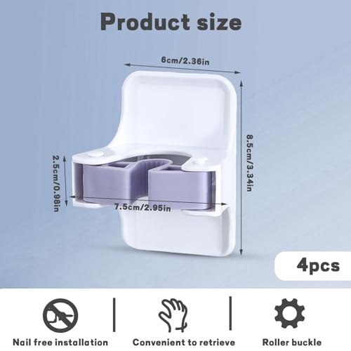 ASTIMESA 4 Pack Mop and Broom Holder Wall Mount, Self Adhesive Broom Hanger, Mop Gripper Organizer Broom Clips for Hanging Home Garage Garden Laundry Room Storage (White) (4)