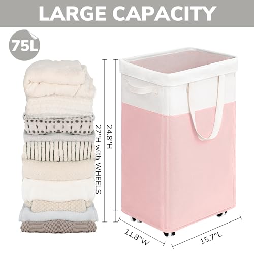 Goodpick Laundry Basket with Wheels, 75L Tall Clothes Hamper, Large Laundry Basket with Removable Wash Bag for Corner Dorm, Rolling Hamper, Pink&White - color: Pink & White 1-Pack