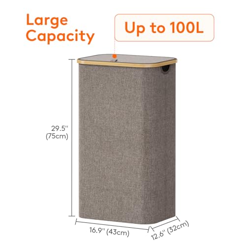 Lifewit 100L Laundry Basket with Lid, Clothes Hampers for Laundry with Bamboo Handles and 1 Removable Bag, Large Foldable Laundry Hamper for Bedroom, Bathroom, Dorm, Laundry Room, Brown - color: Brown, size: 100L