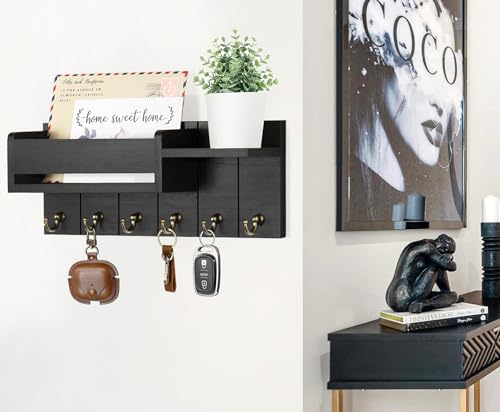 RelaxScene Key Holder Wall Mount - Decorative Key Rack and Mail Organizer with 6 Key Hooks - Wooden Key Hanger with Shelf for Living Room Decor - Rustic Farmhouse Home Entryway Aesthetic Essentials - color: Black, size: M(12''x4.8'')