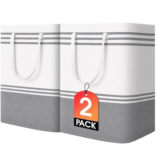 2 Pack Large Home Laundry Basket, Laundry Hamper, Freestanding Waterproof Dirty Clothes Bag, Tall Clothes Hamper - Extended & Reinforced Handles for College Dorm, Family (Light Grey/100L) - size: 2 x 100L