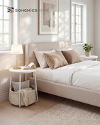 SONGMICS HOME Small Side Tables, Round End Tables, 2 Tier Nightstands with Basket, U Shaped Steel Legs, Easy Assembly, for Living Room, Bedroom, Set of 2, White and Brown - color: White + Brown, size: 2 pack