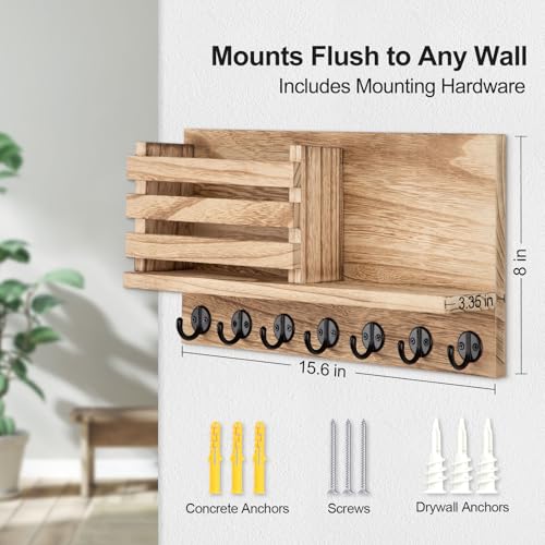Lwenki Key Holder for Wall – Decorative Wooden Mail Holder and Key Shelf with Mounting Hardware, Installation Guide – Paulownia Wood with Metal Key Hooks (Wood, Extra Large - 15.6inch) - color: Wood, size: Extra Large - 15.6inch