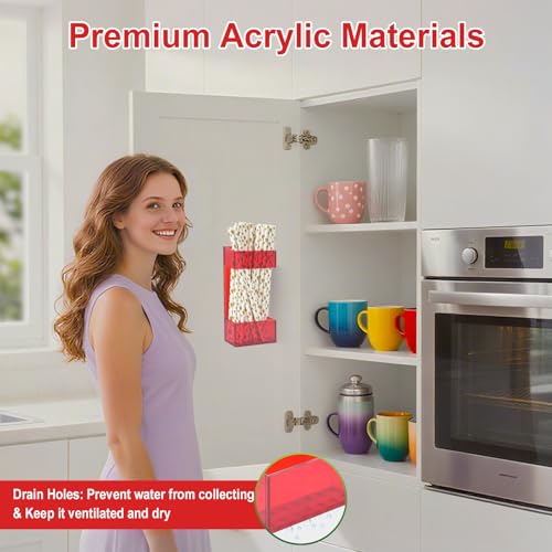 2 PACK Acrylic Straw Holder for Cabinet Doors, Reusable Straw Organizer with Ultra-Sticky Adhesive, Small Kitchen Accessories Container, Fits Both Short & Long Straws (Red) - color: Red