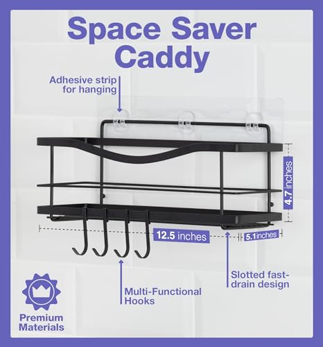 KINCMAX Premium Shower Caddy - Self Adhesive Shower Shelf with 4 Hooks - No Drill Large Capacity Stainless Steel Rack - Aesthetic Organizer for Bathroom Wall Decor - Matte Black - style: Shower Caddy (Black)