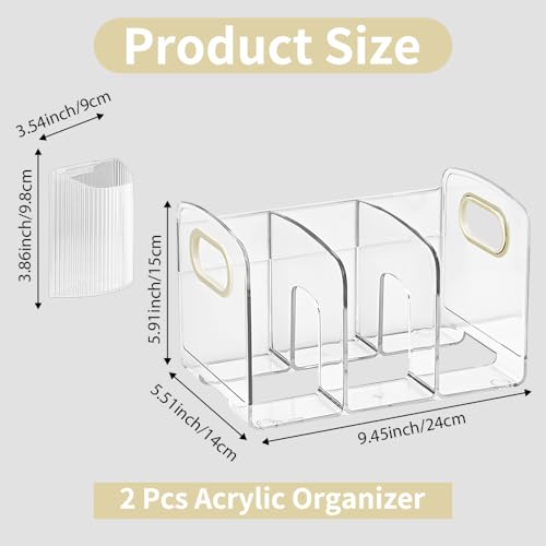 2pcs Mail Organizer File Sorters, Acrylic File Organizer with Pen Holder, Desk Clear Purse Handbag Storage Desktop Divider for Home Office Supplies 3 Sections