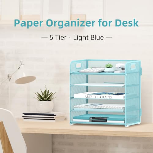 Supeasy 5 Trays Paper Organizer Letter Tray with Handle-Mesh Desk File Organizer, Paper Sorter Desk Organizer for Office, Home or School (Light Blue) - color: Blue