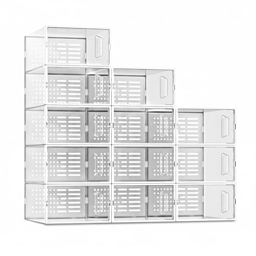 12 Pack X-Large Shoe Storage Boxes Organizers, Shoe Boxes Clear Plastic Stackable Shoe Containers with Lids, Foldable Space-Saving Storage Bins Shoe Cabinet, Fit up to Men's US 11/Women's US 12, Black - color: White, size: 12 Pack-L