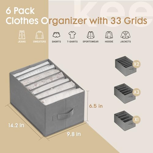 Criusia 6 Pack Large Clothes Organizer, Wardrobe Closet Organizer and Storage with Handles, Foldable Fabric Closet Organizers Dividers for Clothing, Pants, Jeans, Sweater, T-shirts, Grey - color: Grey