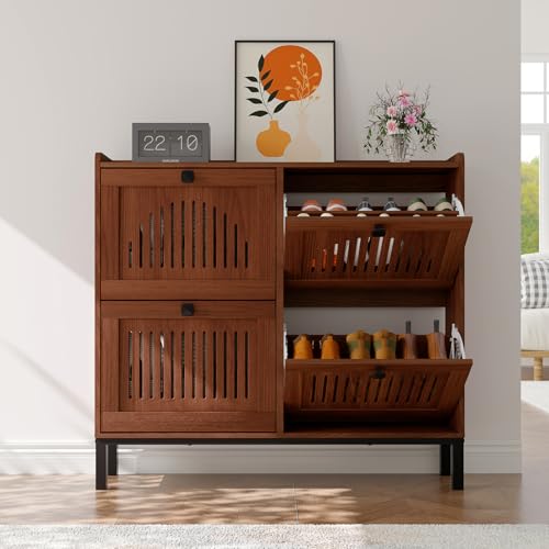 4-Door Flip Front Shoe Cabinet with Adjustable Shelves – Hidden Entryway Storage Organizer for Hallway, Foyer, Living Room – Freestanding Wooden Shoe Rack with Large Capacity & Modern Design, Walnut - color: Walnut, size: 9.45"D x 41.34"W x 37.9"H
