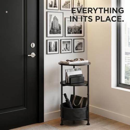 Small Round Side Table with Storage Basket, 3-Tier Narrow End Table Nightstand for Living Room Bedroom, 11.8" Diameter Modern Bedside Table for Small Spaces, Wood Grain & Metal Frame (Black) - color: Black