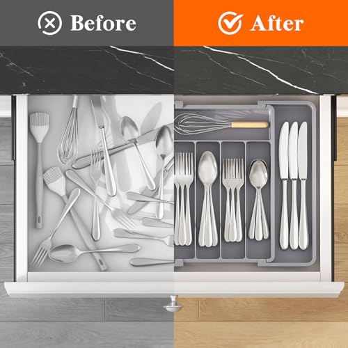 Lifewit Silverware Drawer Organizer, Expandable Utensil Tray for Kitchen, BPA Free Flatware and Cutlery Holder, Adjustable Plastic Storage for Spoons Forks Knives, 8.5-14 x 12", Gray - color: Gray, size: Medium (8.5-14''W x 12''D)