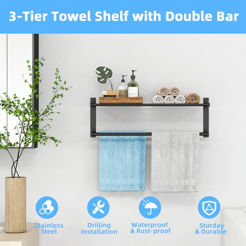 Bathroom Towel Rack 24", 2 Tier Towel Racks for Bathroom Wall Mounted, Bathroom Shelf with Double Towel Bar, Stainless Steel Towel Storage for Bathroom Lavatory Towel Holder Hanger, Black - color: Black, size: 2-Tier
