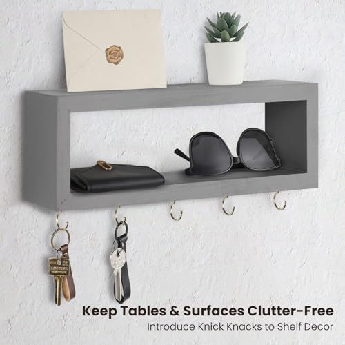 Lwenki Wall Shelf with Hooks - Decorative Key and Wallet Holder for Wall Holds Sunglasses, Leashes, Scarves and Lanyards - 15.7" x 5.1" x 2.9" Entryway Organizer Made of Paulownia Wood (Gray) - color: Grey