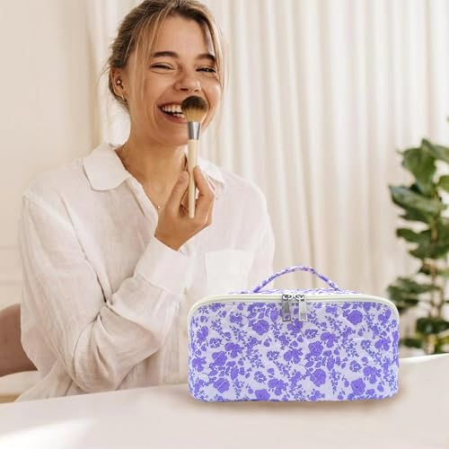 Purple Large Quilted Floral Makeup Bag Cute Coquette Aesthetic Cosmetic Bag Open Flat Travel Toiletry Make up Bag for Women - color: C-lay flat purple