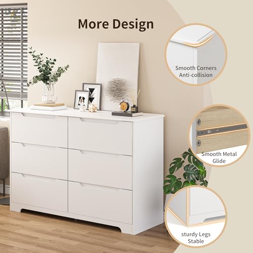 Gizoon 6 Drawer Double Dresser for Bedroom with Anti-Tip Design, Modern Wide Wooden Chest of Drawers with Cut-Out Handles, Closet Storage Organizer and TV Stand for Living Room, Hallway, Entryway - color: White, size: 15.7"D x 47.3"W x 31.5"H (6 Drawers)