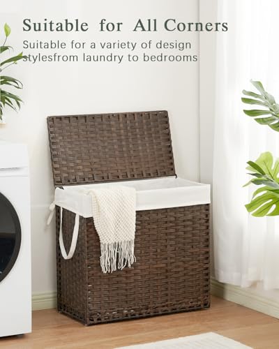SETVSON Laundry Hamper with Lid Laundry Basket 132 L (35 Gal) Wicker Clothes Hamper, Handwoven Rattan Hamper with Handles and 4 Removable Liner Bags, 6 Mesh Bags for Laundry Bedroom Brown - color: Brown, size: 35.0 Gal