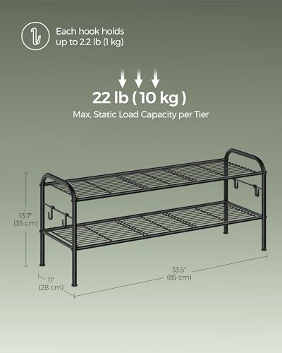 SONGMICS Shoe Rack, 2-Tier Shoe Organizer, Metal Shoe Shelf Storage with 4 Side Hooks, Holds 12 Pairs of Shoes, Height-Adjustable Shoe Rack for Entryway, Hallway, Closet, Ink Black ULMR128B01 - color: Ink Black, size: 2 Tiers (33.5"W)