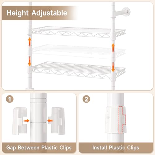 Wall Mounted Garment Rack, Walk-in Closet System with Expandable Rods, Adjustable Shelves, Industrial Pipe Clothing Racks, Hanging Clothes Organizers and Storage, Metal Closet Shelving Wardrobe - color: White