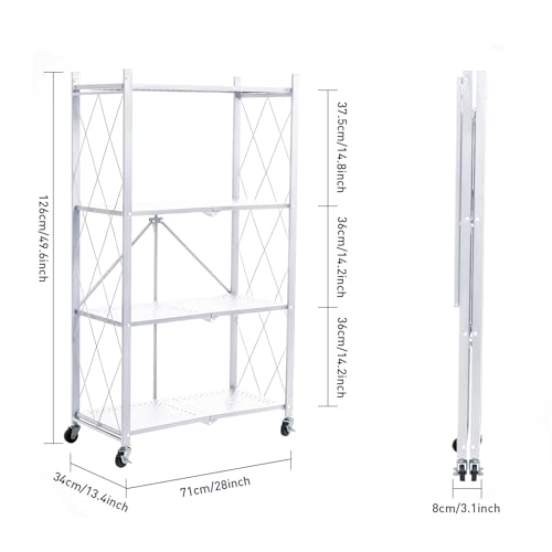 BRIAN & DANY 4-Tier Foldable Storage Shelves with Wheels, Folding Metal Rack Shelving Unit, Heavy Duty No Assembly Organizer Shelf for Garage, Kitchen, Pantry, White - color: White, size: 4-tier