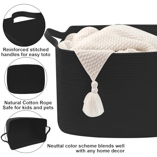 Large Blanket Basket,Woven Rope Basket Storage Bin with Handles,65L Rectangle Laundry Basket for Magazines,Toys,Clothes,Newspaper Shelf Organization,Nursery and Living Room,Black - color: Black, size: 21"x16"x12"(65L)