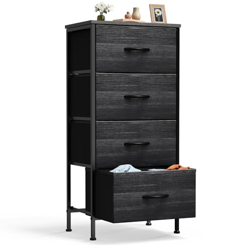 DUMOS Nightstand with 4 Drawers Bedside Table with Removable Fabric Bins Sturdy Steel Frame Wood Top Organizer Furniture for Bedroom Closet Living Room,Black Wood Grain - color: Black Wood Grain, size: 11.82"D x 17.71"W x 37.4"H (4 Drawers)