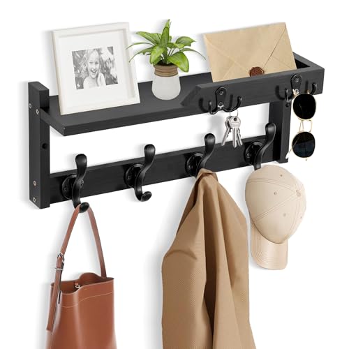 dreampossible Coat Rack Wall Mount with Shelf, Coat Hanger Wall Mount with Key Hooks and Mail Holder, Wood Entryway Floating Shelf with Hooks and Storage, Hat Rack for Wall Key Holder Mail Organizer - color: Black, size: 16.6 Inch Long