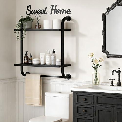 Tinpin Bathroom Shelves Wall Mounted, Rustic Farmhouse Pipe Shelves, Wall Shelves 2-Tier, Industrial Pipe Shelving, Floating Shelf Decor for Bathroom, Bedroom, Living Room Thanksgiving 17.3in Black - color: Black, size: 2 tier