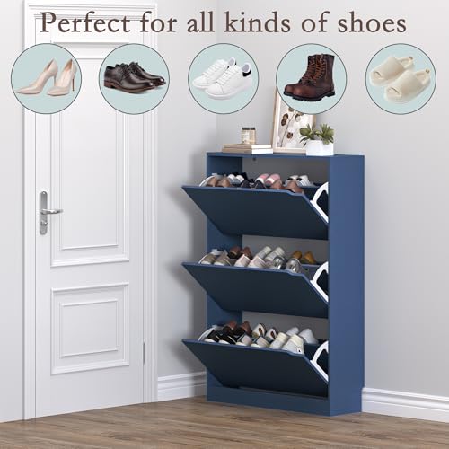 BORNOON Shoe Cabinet with 3 Flip Drawers, Hidden Wood Shoe Cabinet,Freestanding Shoe Storage Cabinet for Entryway Hallway. 47.2" H*31.5" W*9.45" D - color: Blue, size: 3 Drawers