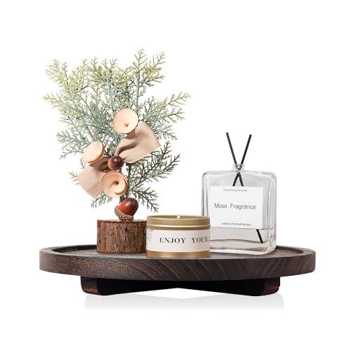 Round Decorative Tray Wood Bathroom Counter Organizer Farmhouse Kitchen Decor Wooden Riser for Soap Dish, Perfume, Candle, Sponge, 12" - Bark Brown - color: Dark Brown, size: 12"