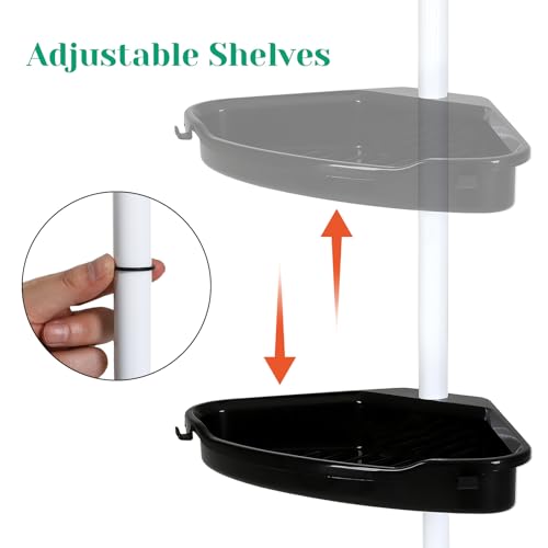 No-Drill Corner Shower Caddy Tension Pole, Rust-Resistant Bathroom Storage Organizer with 4-Tier Adjustable Shelves & Rubber Pad, 101.6''- 122'' Height, White & Black - color: Black & White