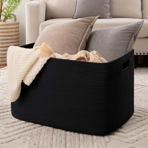 OIAHOMY 118L XXXLarge Cotton Rope Storage Basket, Oversized Blanket Basket, Used for Organizing Dirty Clothes in Living Room, Bedroom, Nursery, Dog Toy Storage Bins, 25" x 17" x 16",Black - color: Black
