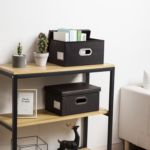 PRANDOM Collapsible Storage Box with Lid [1-Pack] Leather Fabric Foldable Storage Bin Organizer Container Basket Cube with Cover for Home Bedroom Closet Office Nursery Black (13.6x9.6x6.9) - color: Black, size: Small(1-Pack)