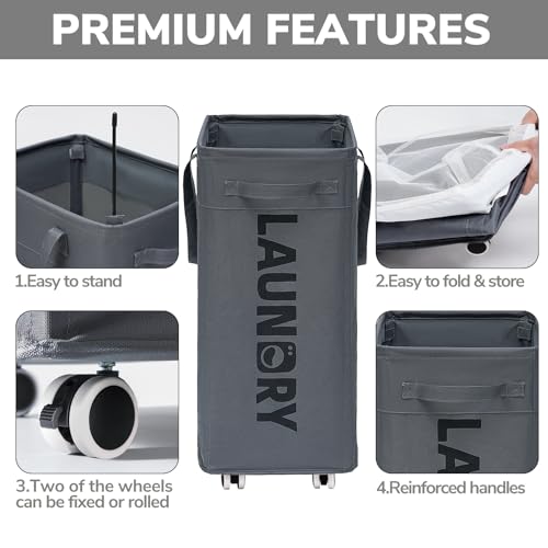 Goodpick Hamper with Wheels, 2-Pack 75L Foldable Laundry Baskets with Removable Wash Bags, Dirty Laundry Basket for Corner Dorm,Grey - color: Grey 2-Pack