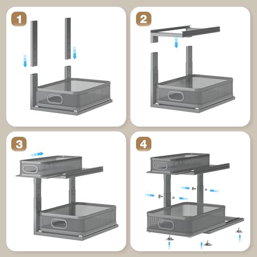 2 Pack 15.5IN-Depth Under Sink Organizer With Next-Gen Ball-Bearing Slides,2-Tier Precision Mesh Pull Out Cabinet Storage for Bathroom&Kitchen,Height Adjustable Drawers Shelf,Anti-rust-Grey - color: Gun Gray, size: 2 Pack-15.5"Dx12.4"-16.5"H