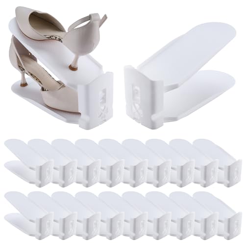 HOMOKUS 20 Pack Shoe Slots Organizer,3-Level Flexible Adjustable Shoe Stackers,Slip-on Shoe Rack,Double Layer Shoe Tray Organizer Holder with 3 Different Height,Space-Saving Shoe Holders (White) - color: White