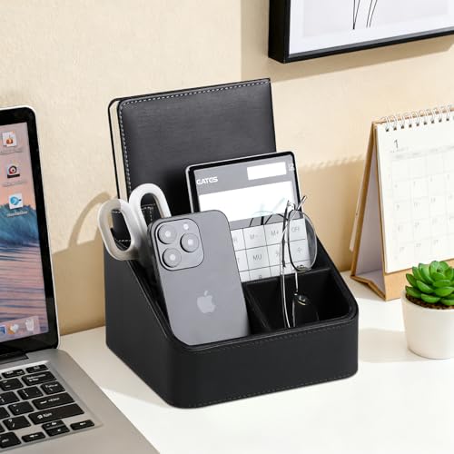 Remote Control Holder, PU Leather Small Desk Organizer with 4 Compartments, Nightstand Organizer Office Desk Accessories Desk Caddy for Countertop Bedside End Table (Black) - color: Black