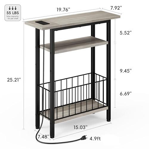Vagusicc Narrow Side Table with Charging Station, Skinny Side End Table for Couch, 3-Tier Small End Tables for Small Spaces, 25.2" Tall Slim Nightstand Bedside Table for Living Room, Bedroom, Greige - color: Greige, style: With Plug