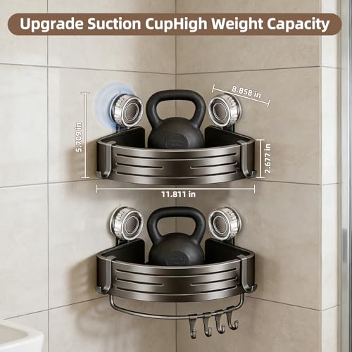 Corner Shower Caddy,Suction Cup Shower Bathroom Wall Shelf,No Drill Rust Proof Aluminum Organizer with Hooks,Floating Rack for Inside (Suction Cup Corner Shower Caddy,2 Tier,Gray) - style: Suction Cup Corner Shower Caddy ,2 Tier ,Gray
