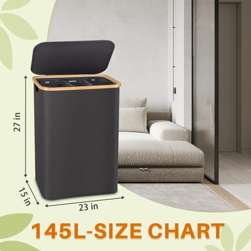 Laundry Hamper 3 Section, 145L Dirty Clothes Hamper with Lid, Extra Large Laundry Basket Organizer with Removable Inner Bags & Labels for Laundry Room, Bedroom, Dark Grey - color: Dark Grey, size: 145L