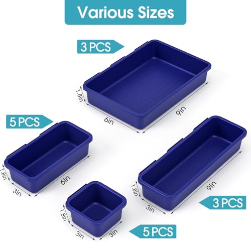 16 PCS Drawer Organizer Set, 4 Size Makeup Drawer Divider Organizer With Non-Slip Pads, Interlocking Plastic Storage Bins for Office,Jewelry Vanity,Gadgets, Bathroom,Kitchen, Navy - color: Navy, size: 16Pack