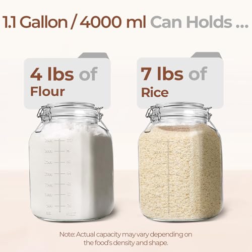 ComSaf 1 Gallon Square Glass Jars with Airtight Lids (135oz, Set of 2), Extra-Wide Mouth Canisters with Measurement Marks for Bulk Flour Storage, Fermenting Kombucha & Pickling - size: 1.1 Gal*2-Wide Mouth