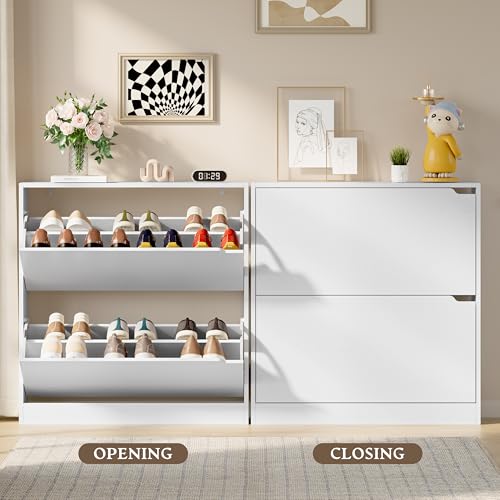 BORNOON Shoe Cabinet with 2 Flip Drawers, Slim Narrow Shoe Storage Cabinet, Freestanding Shoe Organizer with Adjustable & Removable Shelves, Top Display Shelf for Entryway, Hallway, Foyer, Closet - color: White, size: 2-Drawer