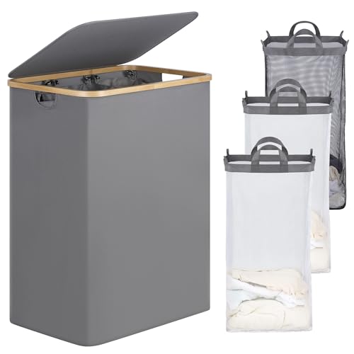 efluky Laundry Hamper with Lid, Trio Laundry Hamper with 3 Removable Bags, 3 Section Laundry Basket with Bamboo Handles for Bathroom, Bedroom & Laundry Room, 160L Silver Grey - color: Silver Grey, size: 160L Trio