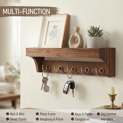 Rebee Vision Pine Wood Key Holder Wall Mount - Multifunctional Key Holder for Wall with Hooks and Shelf for Mail, and Hats - Perfect for Home and Office Organization (Vintage Brown) - color: Retro Brown