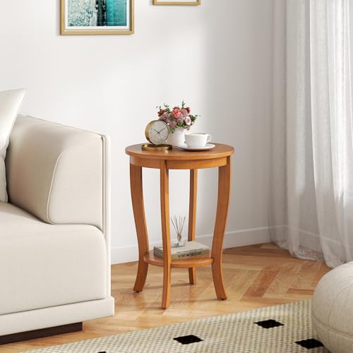 GOFLAME 2-Tier Round End Table, 18” Sofa Side Table with Storage Shelf, Floor Tea Table with Solid Wood Legs, Compact Nightstand for Small Space, Living Room, Bedroom, Light Brown - color: Light Brown