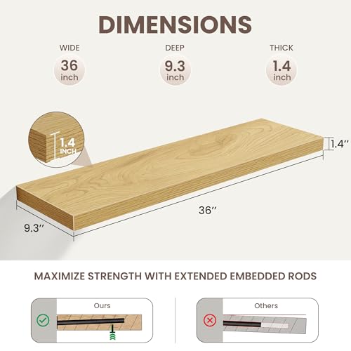 36 Inch Black Floating Shelves for Wall,9.3" Deep Long Floating Shelf Set of 2,Wood Wall Mounted Shelves Farmhouse Home Decor,Wall Storage Shelf for Bathroom Bedroom Living Room Kitchen Office,Oak - color: Oak, size: 36 Inch,Set of 2
