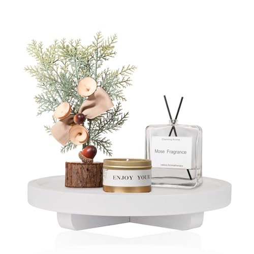 Round Decorative Tray Wood Bathroom Counter Organizer Farmhouse Kitchen Decor Wooden Riser for Soap Dish, Perfume, Candle, Sponge, 8" - White - color: White, size: 8"