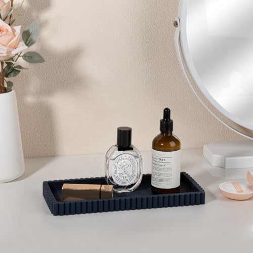 Silicone Bathroom Tray Small Vanity Organizer Rectangle Sink Caddy Sponge Holder Kitchen Counter Decor for Dish Soap, Perfume, Candle, Dark Blue - color: Dark Blue