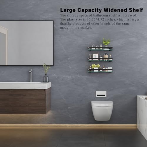 VOLPONE Bathroom Wall Shelf 15.7in Bathroom Glass Shelves Wall Mount Glass Shelf Rustproof Bathroom Wall Organizer 3 Tier (Black) - style: 3 tier without towel bar black